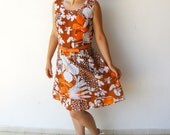 Vintage Late 1960s Early 1970s Copper and Pumpkin Floral Shift Dress