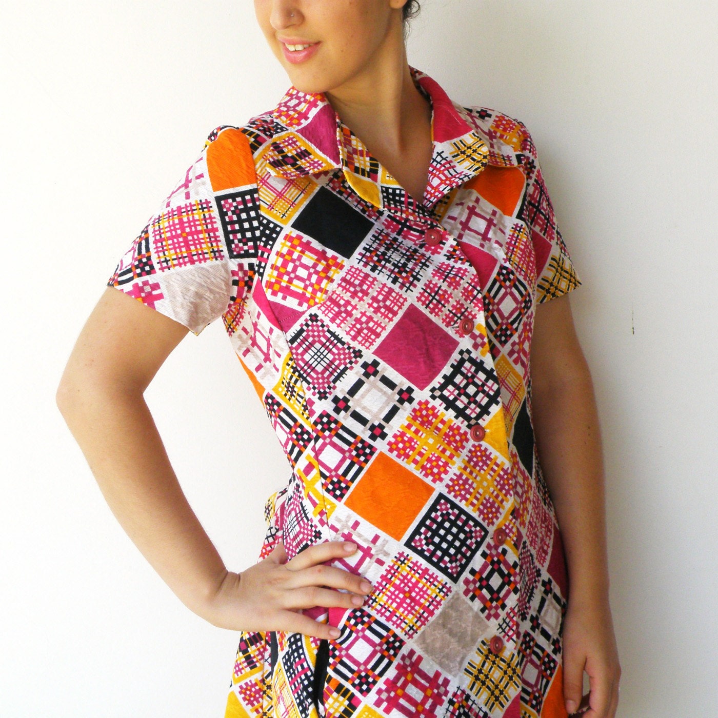 Vintage late 1960s Patterned Diamond Robe Dress