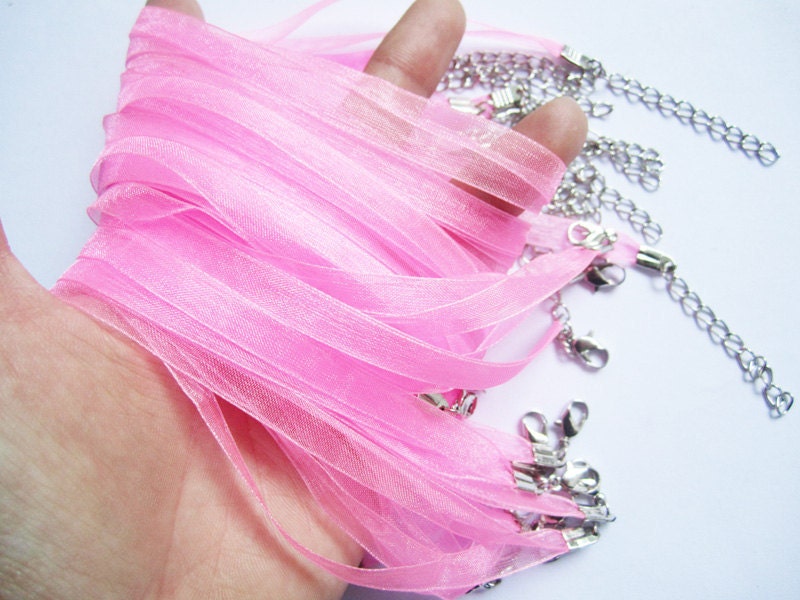 Medium pink new handmade 15pcs 16-18 inch adjustable 7mm width 2 voile organza ribbon necklace cords with lobster clasps