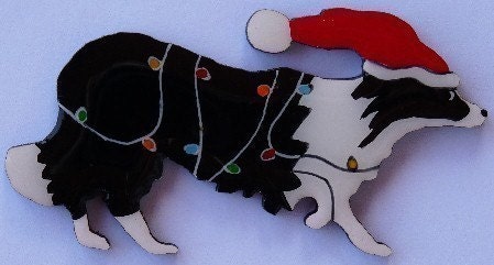 Border Collie Christmas Pin Magnet or Ornament Color Choice Free Shipping Hand Painted- One of Two Border Collie Styles Offered