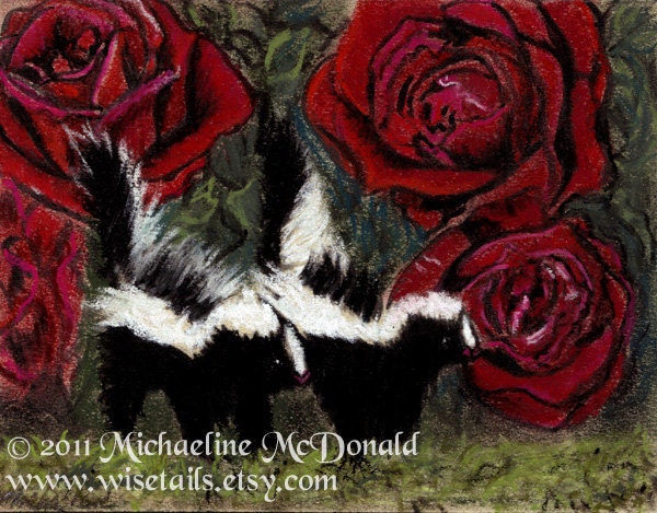 Skunks in Roses original painting by Michaeline