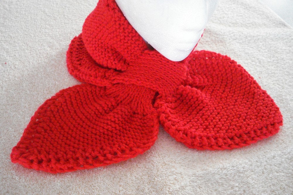 Bright Red Stay-put Ascot Hand Knit Scarf Stay in Place Scarflette
