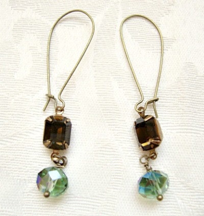 Brown Dangle Vintage Octagon Rhinestone Earrings