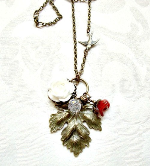 Antique Bronze Maple Leaf and white Rose Necklace