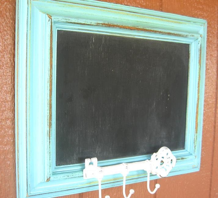 Handmade Shabby Chic Blue Chalkboard with White Key Hook Hanger/ Farm House/ Rustic Decor