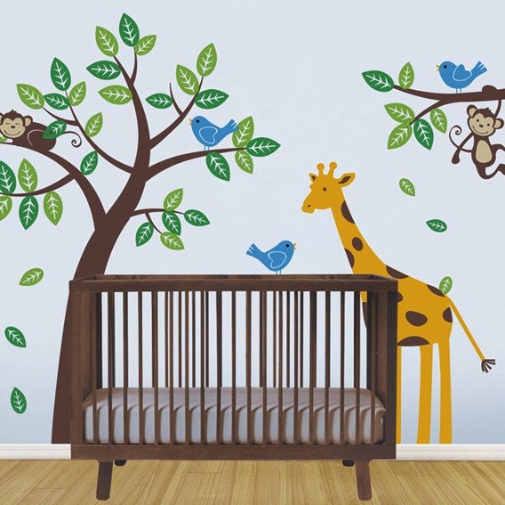 Tree with Monkeys Giraffe and Birds Wall Decals - Baby Nursery Wall Decals