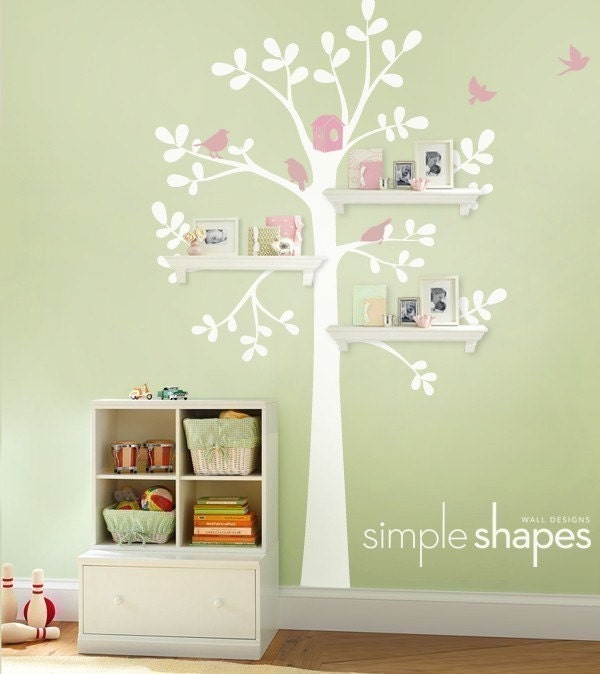 Wall Decals Baby Nursery Decor: Shelving Tree Decal with Birds - Original Wall Decal