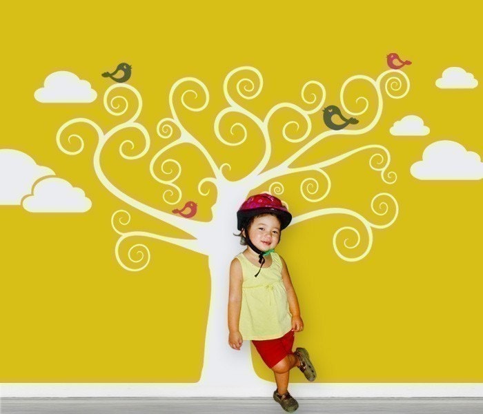 Removable Wall Decal - Swirly Tree with Cute Birds