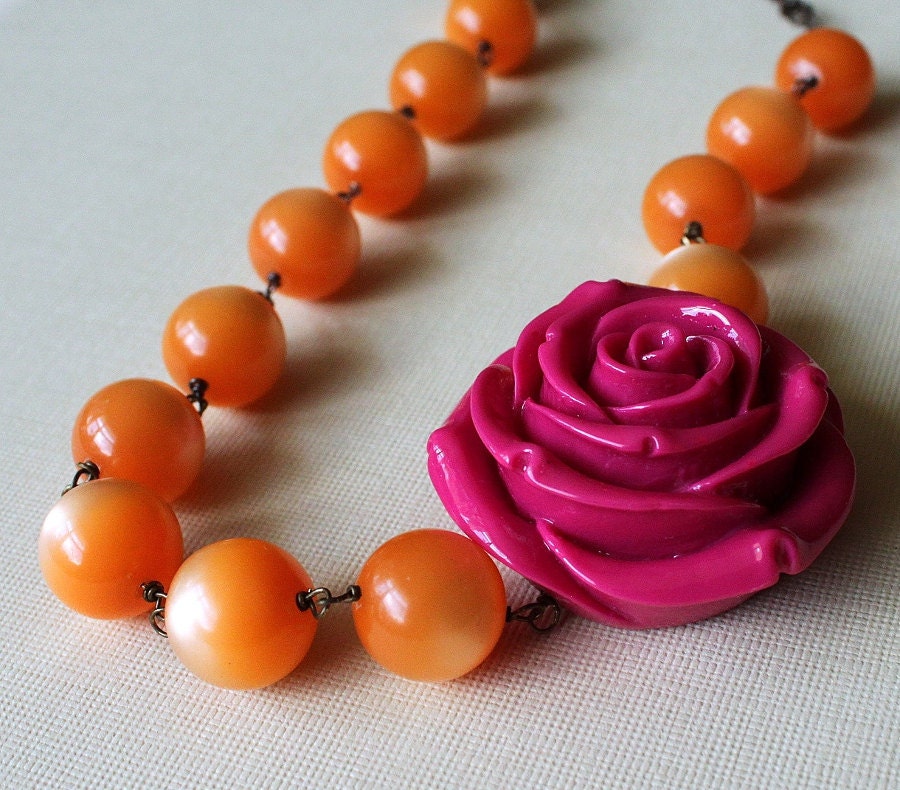 Orange Statement Necklace Tangerine Lucite Fuchsia Hot Pink Carved Rose,Tropical Punch - michabella