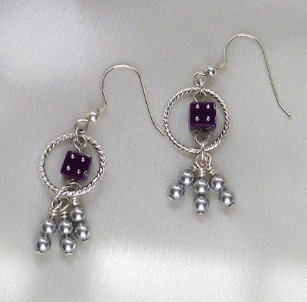 Silver and Purple Mini Dice Earrings with Crystal Pearls