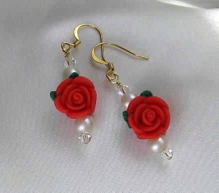Polymer Clay Red Rose Earrings with Pearls and Crystals