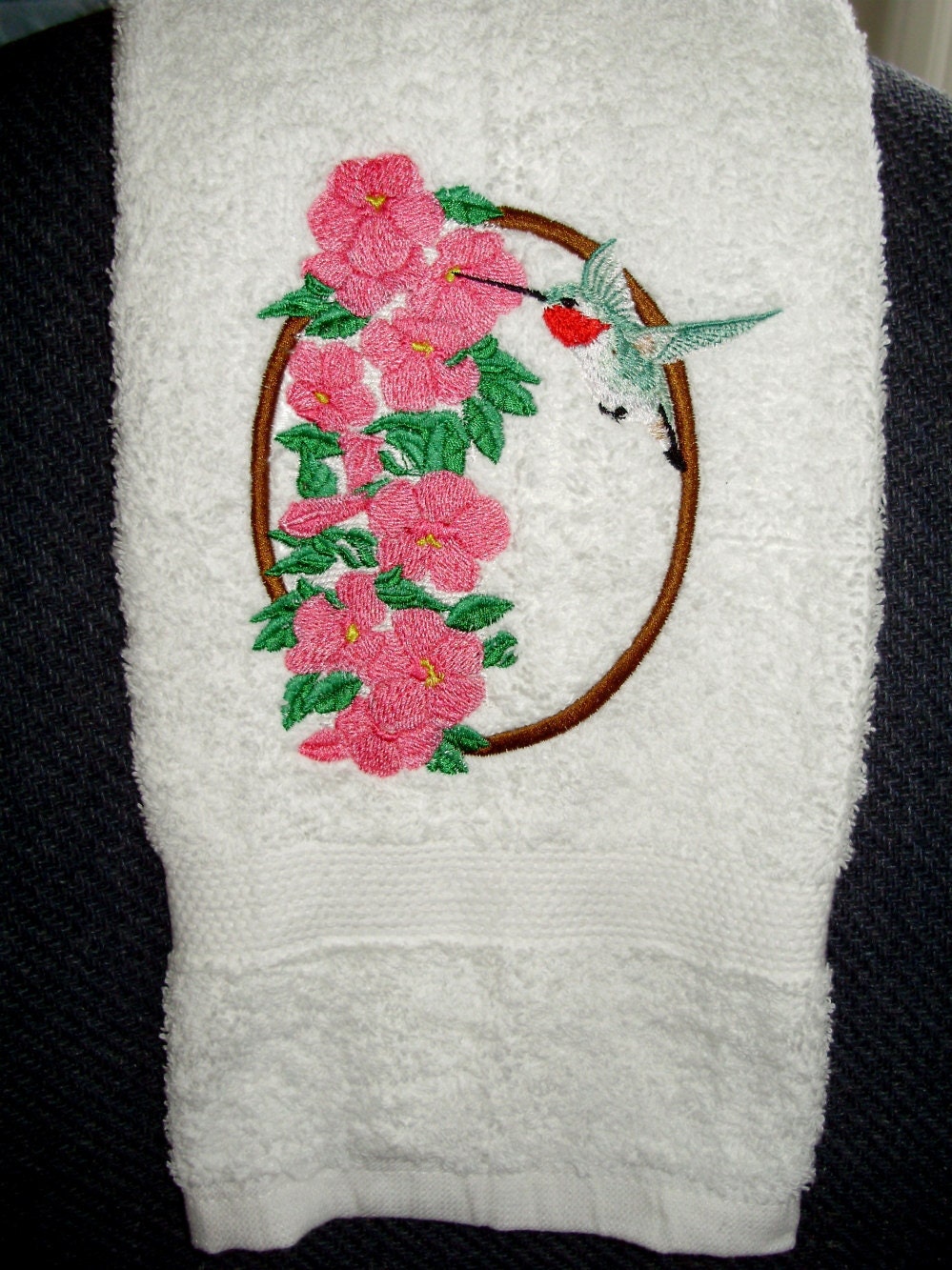 Embroidered hand towel white with hummingbird and pink flowers