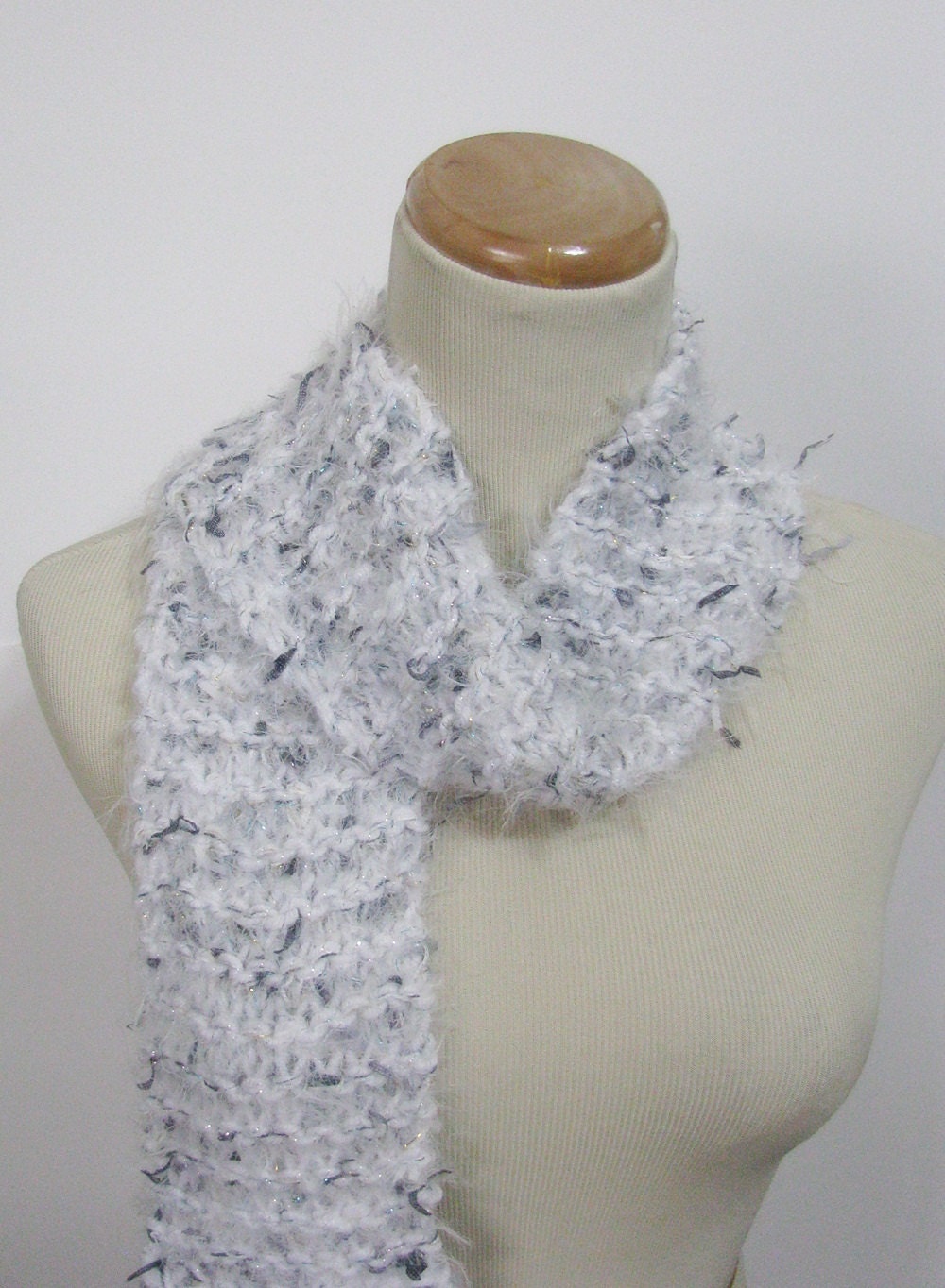 Hand Knit Scarf - White Sparkle with a Bit of Black