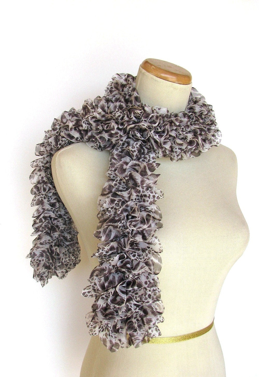 Animal Print Hand Knit Ruffled Scarf - Brown White