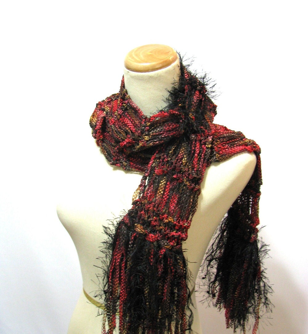 Red Hand Knit Scarf  with Black and Brown - Price Reduction
