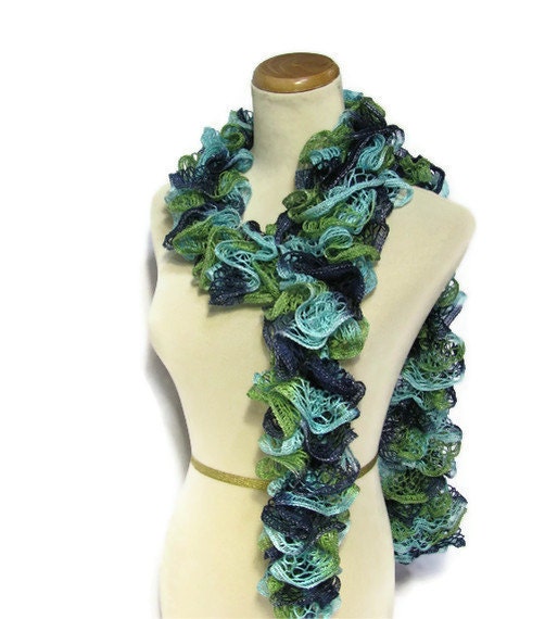 Hand Knit Ruffled Scarf - Green Blue Turquoise
