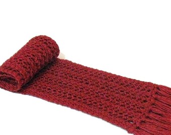 Crimson Red Hand Knit Scarf  Silk Wool Blend