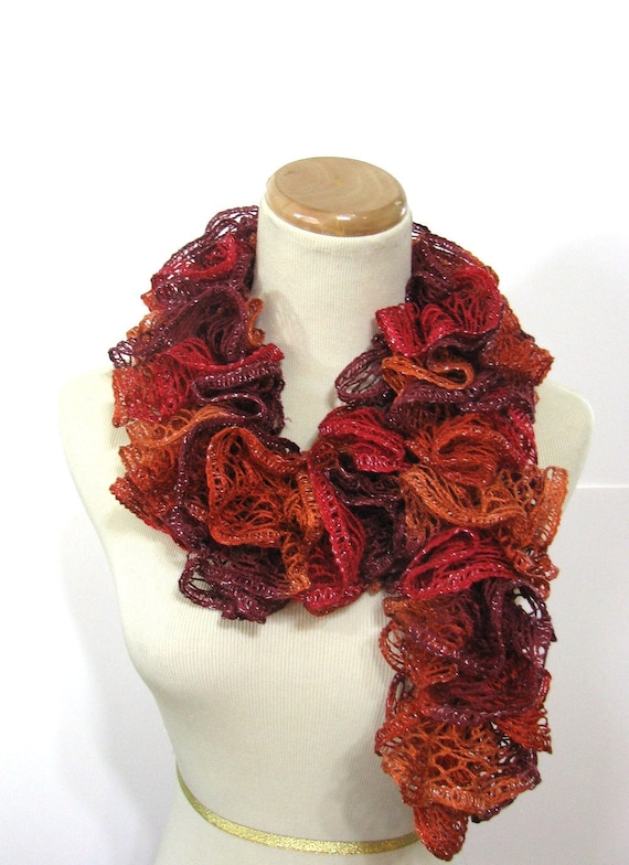 Sunset Orange Ruffle Hand Knit Scarf