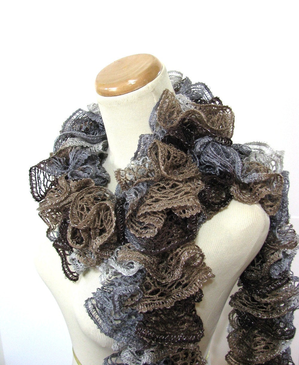 Brown and Gray Hand Knit Ruffled Scarf