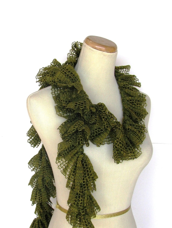 Olive Green Hand Knit Ruffled Scarf -