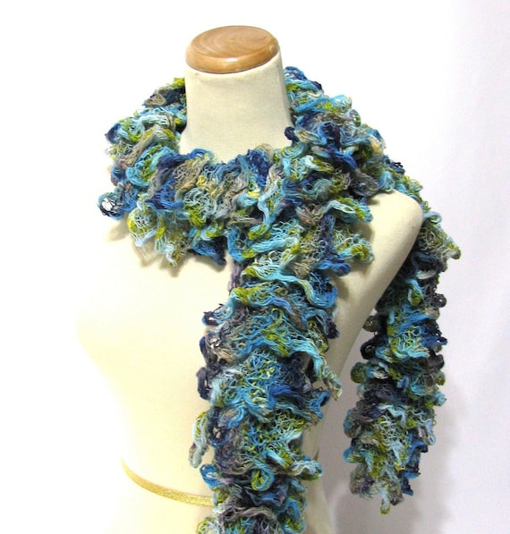 Hand Knit Ruffled Scarf - Turquoise Blue Chartreuse Green