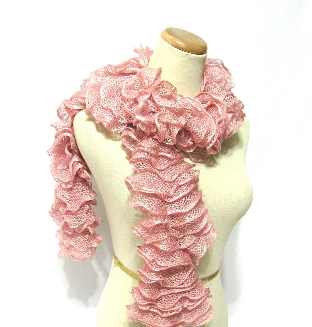 Hand Knit Ruffled Scarf - Rose Pink