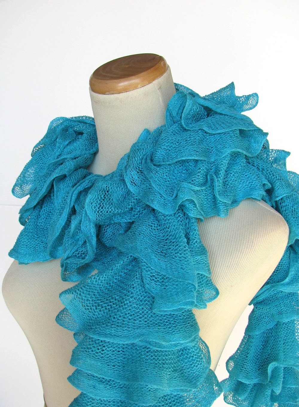 Turquoise Hand Knit Ruffled Scarf
