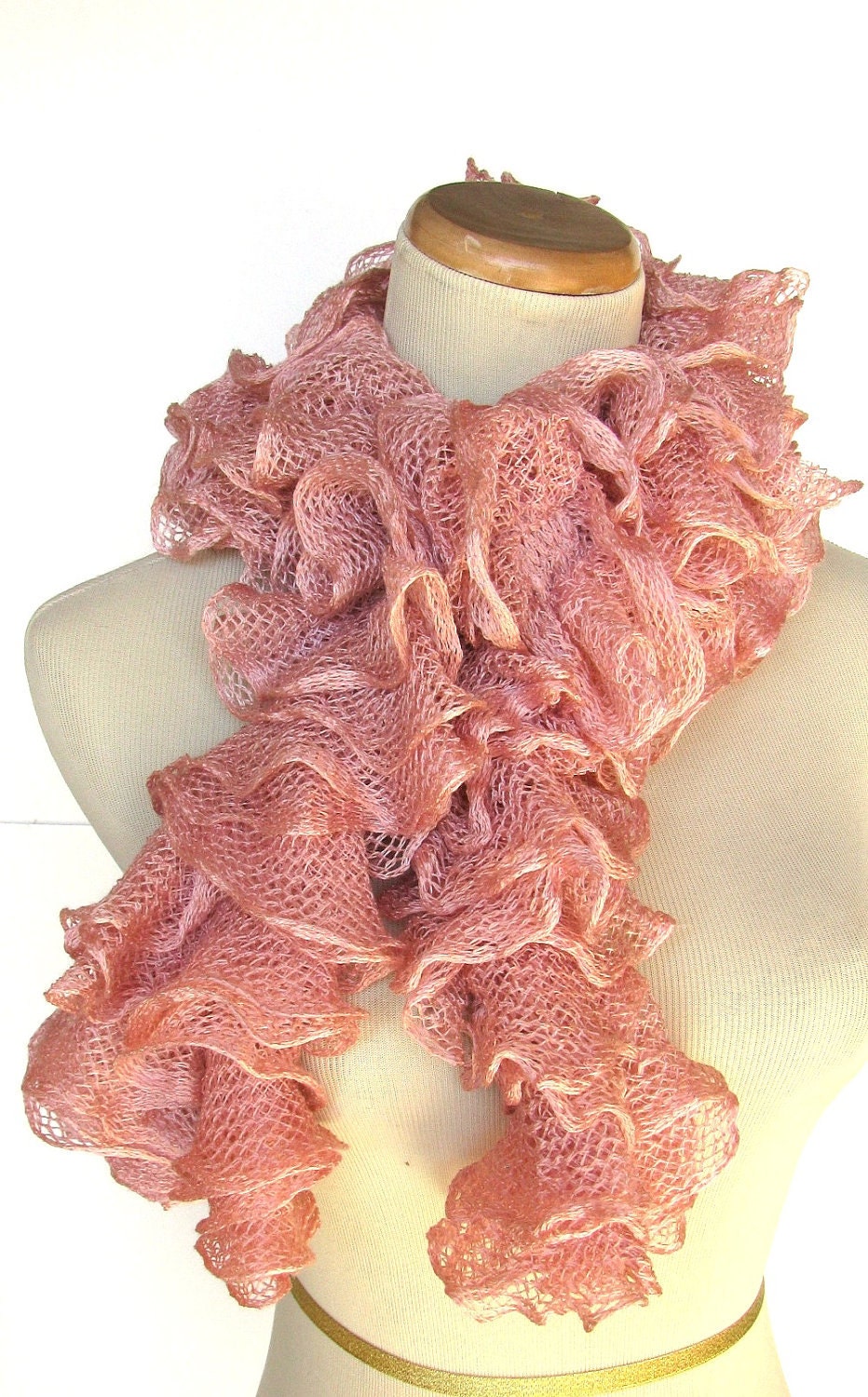 Hand Knit Ruffled Scarf - Rose Pink