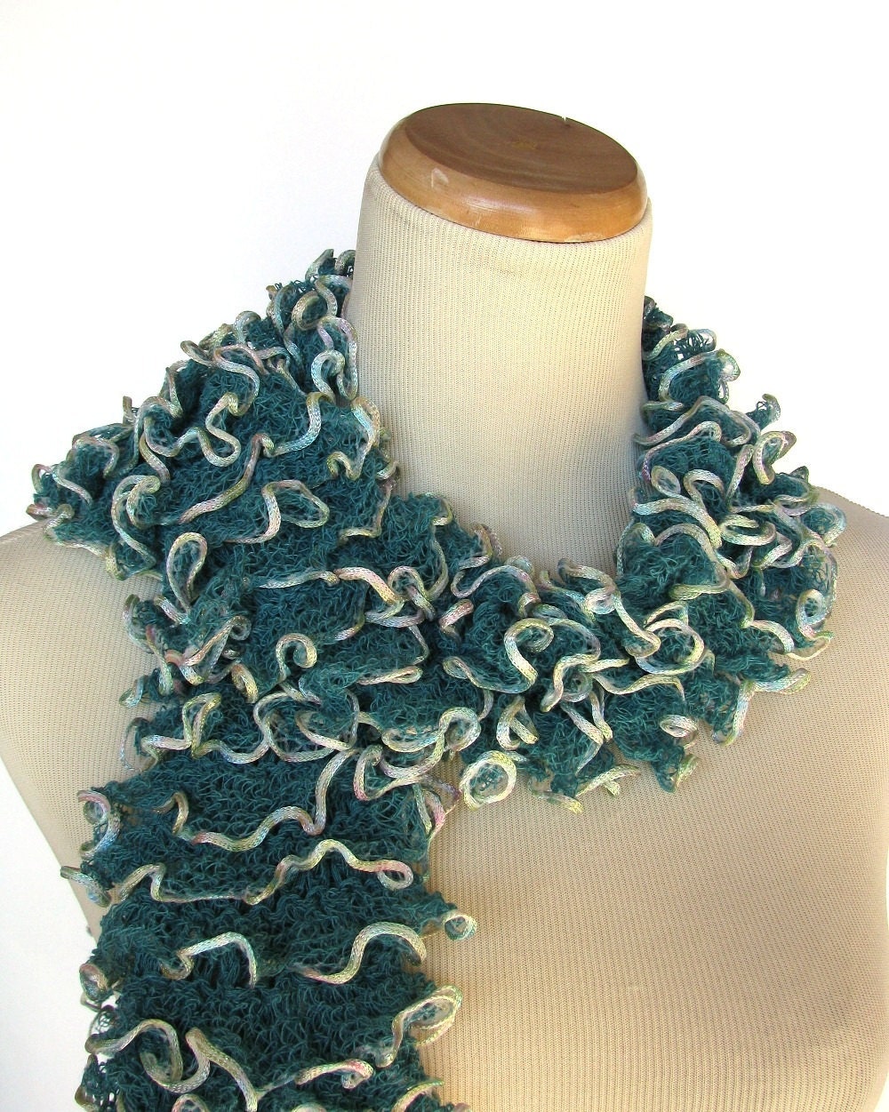 Teal Hand Knit Ruffled Scarf