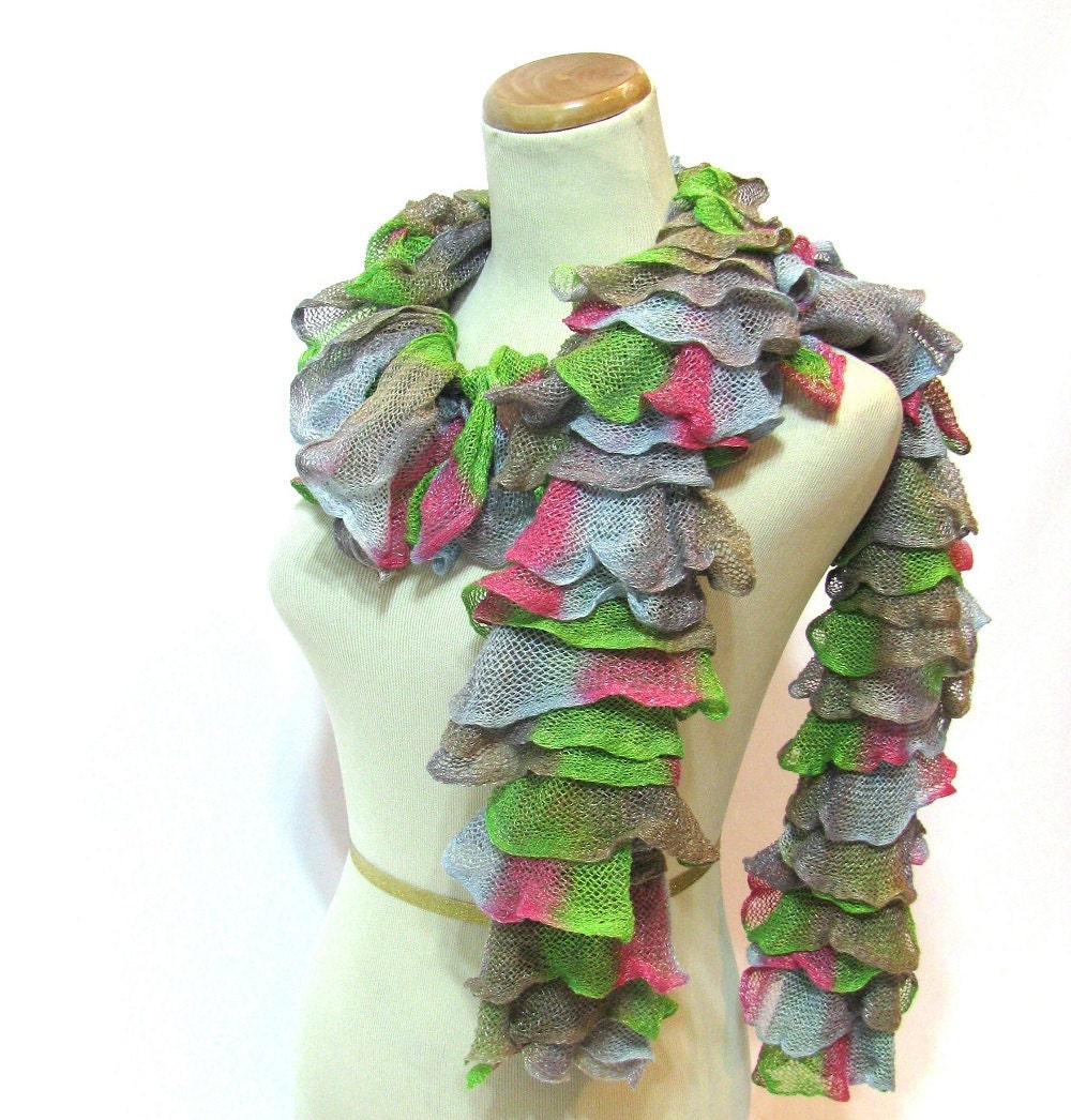 Hand Knit Ruffled Scarf - Pink Green Tan Blue