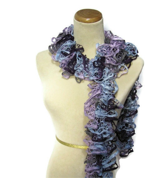 Hand Knit Ruffled Scarf - Purple Blue Burgundy Gray