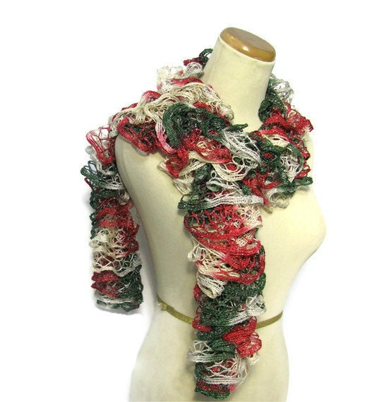 Victorian  Hand Knit Ruffled Scarf - Red Green Ecru