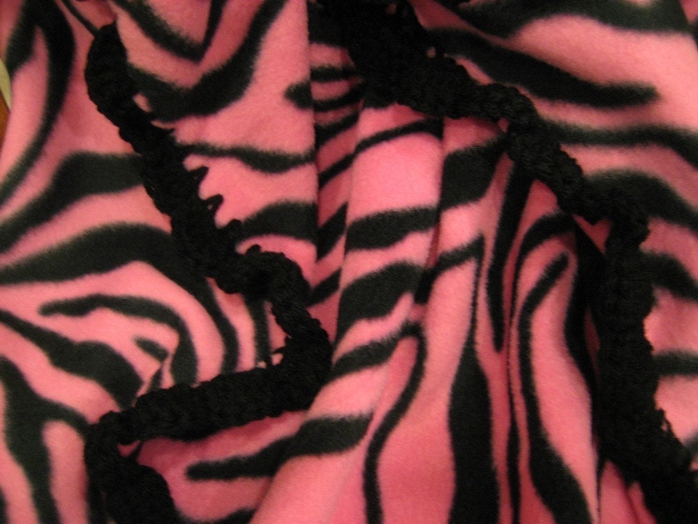 Pink Zebra Striped Fleece Throw Blanket with Black Crochet Edge