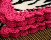 Zebra Striped Fleece Throw Blanket with Pink Crochet Edge