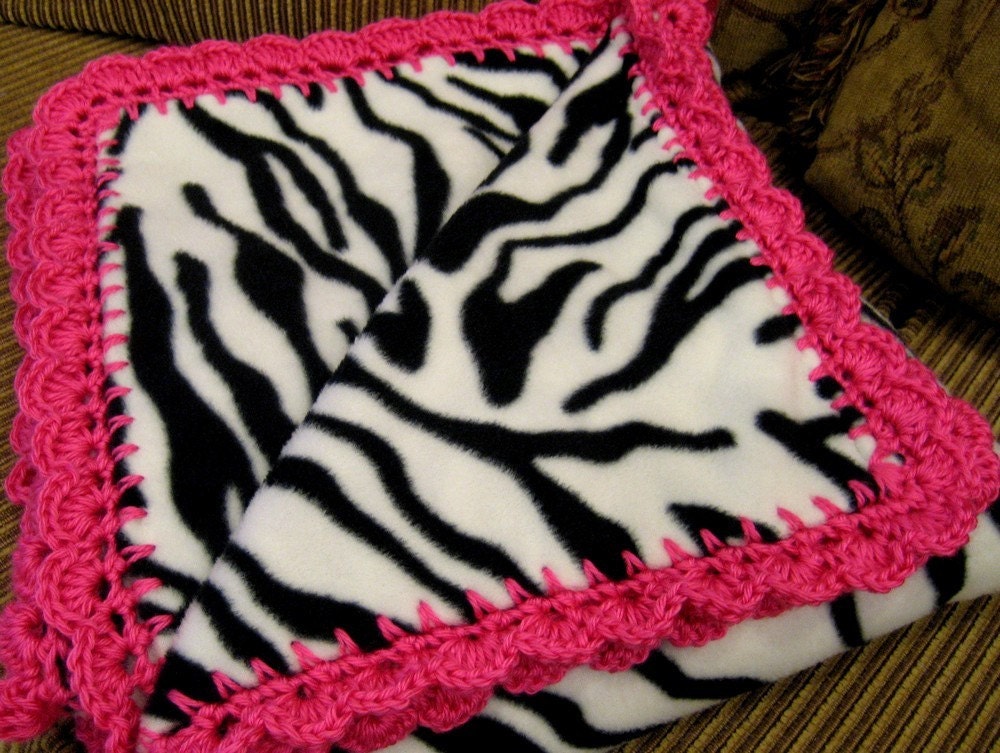 Zebra Striped Fleece Throw Blanket with Pink Crochet Edge