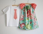 Brother / Sister SET ... Bliss Bouquet with Coral/White Polka Dot Peasant Dress & Tie Applique Boys SHORT sleeves T-shirts or Onesie