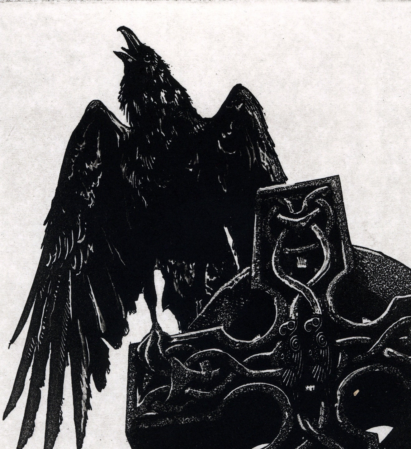 Raven Series (raven, crow, birds)- "A Raven Rests at Lindisfarne" Intaglio Etching 5" x 7" 2011