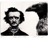 only three left in edition-Raven (crow, bird, Edgar Allan Poe) Series. EDGAR GETS An IDEA -  Etching, limited edition. 5 inch x 7 inch 2010