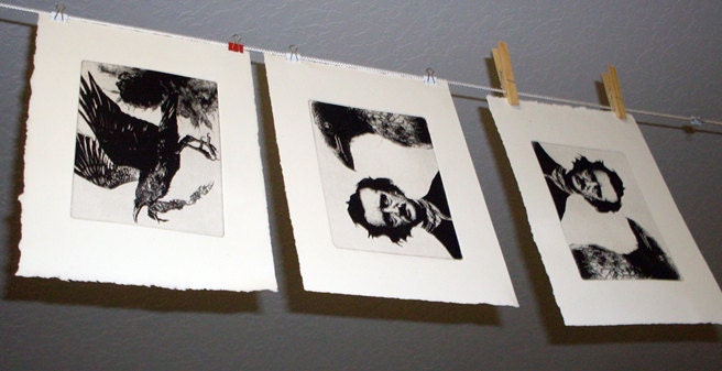 Raven ( raven, crow bird) series- The Jury -  Intaglio etching 5 x 7 inch 2011