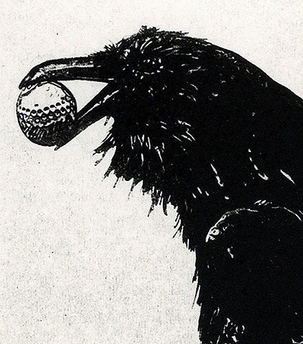 THE THIEF at the scene of the crime. - Raven (bird, crow, Golf ) Series-Aquatint Etching 5 x 7inch 2011