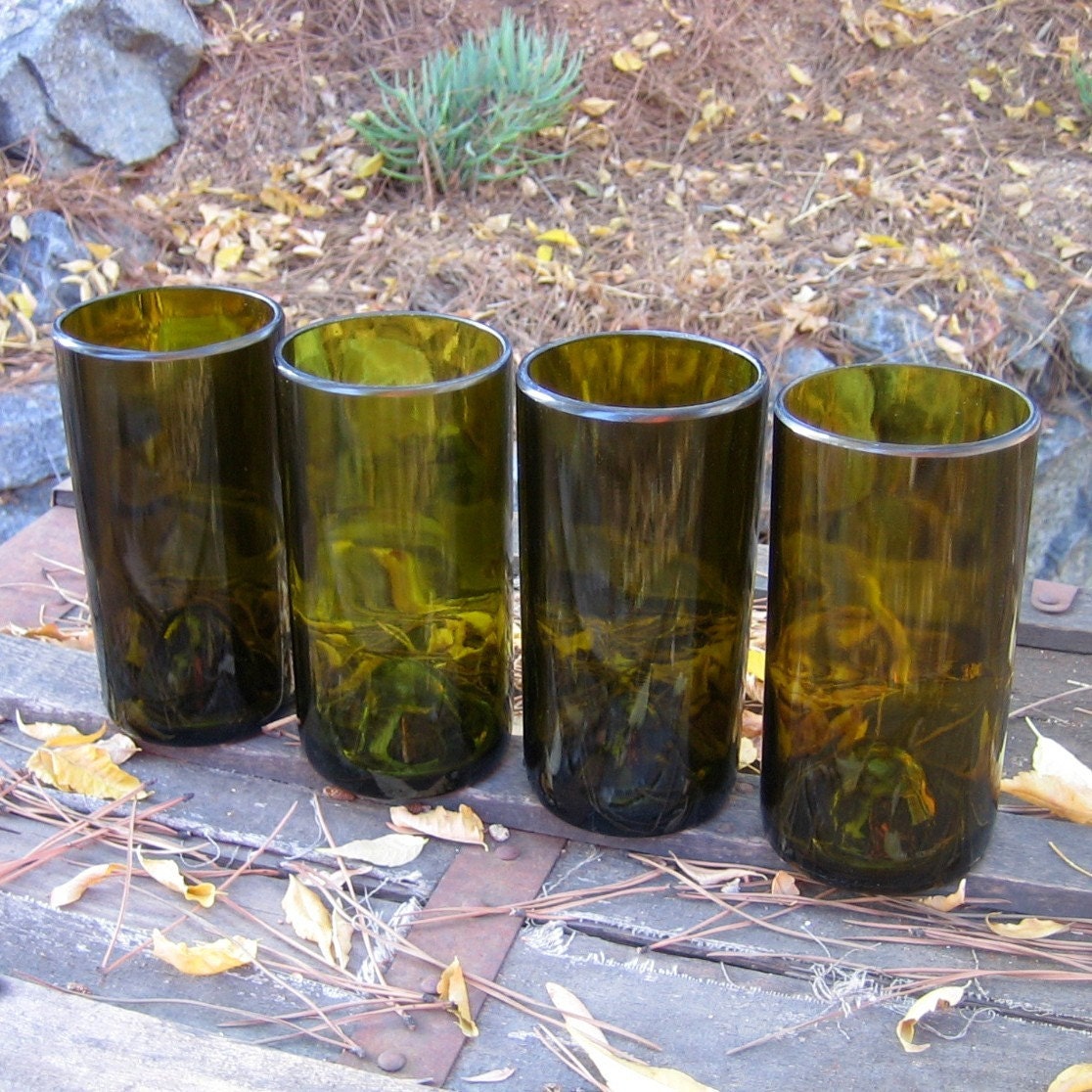 Four Tall Dark Amber Recycled Glass Tumblers 6"