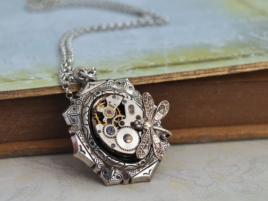 TIME TRAVELER antiqued silver steampunk watch movement necklace with tiny dragonfly