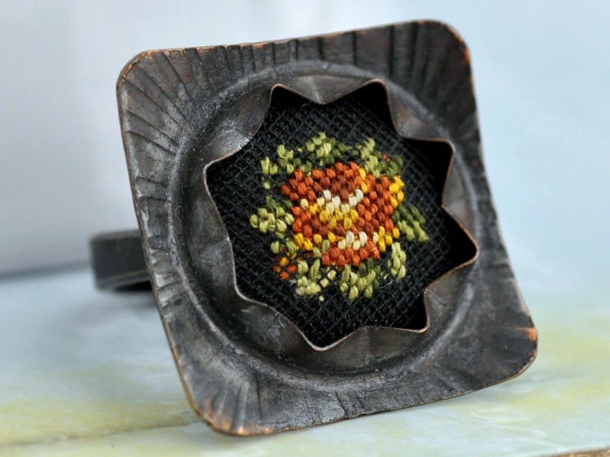 VINTAGE ROSE, vintage oxidized copper ring with hand embroidered rose