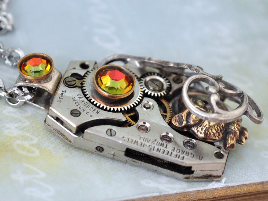 TIMELESS LOVE steampunk baby owl necklace with vintage Gruen 15 jewels watch movement and Swarovski rhinestone