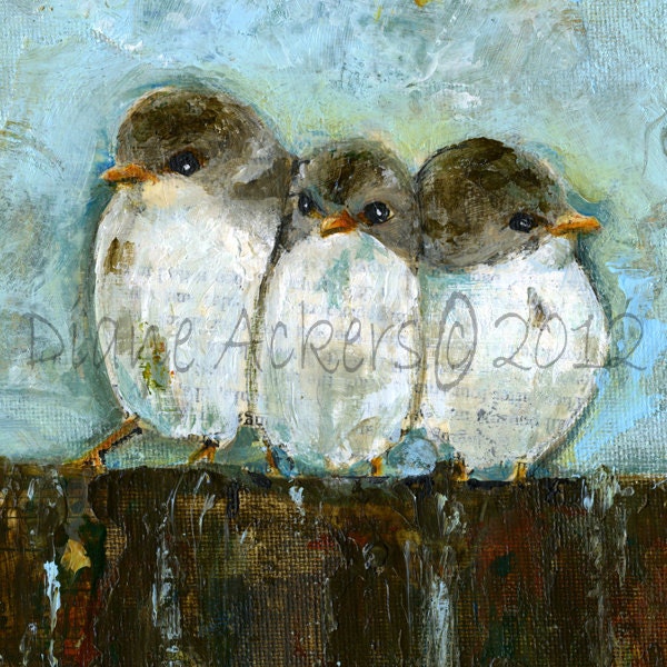 Fine Art print of my original bird painting  3 birdie on a fence by Diane Ackers