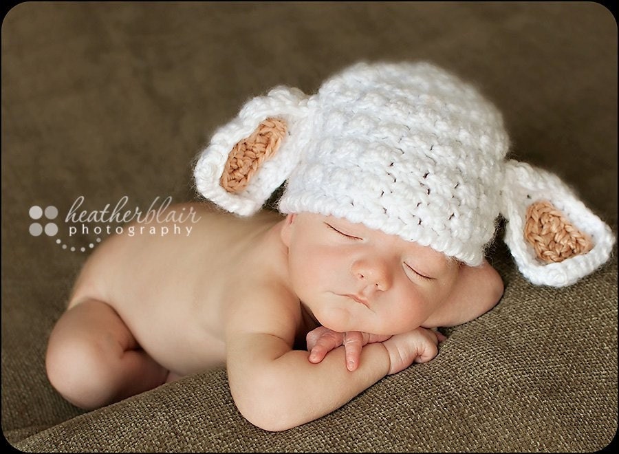 Preemie Newborn or 0-3 Month Soft Baby Lamb Hat - Spring Photography prop