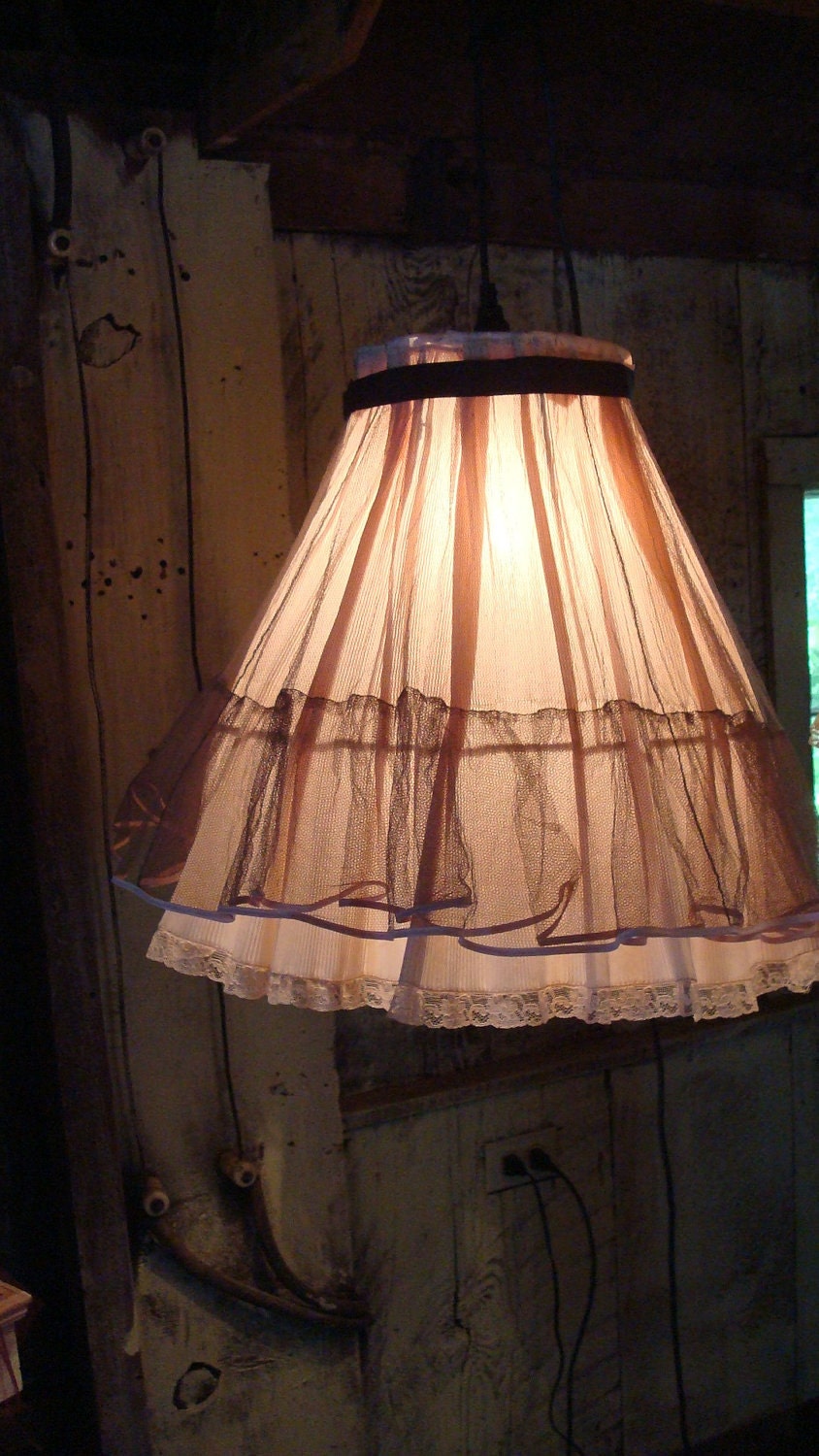 Eco Friendly Hanging Lamp, latest Frilly, Flouncy, Flirty hanging lamp, PINK, seen on Craftzine