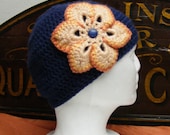 Hand Crocheted Woman's Cloche Hat - Navy Hat with orange & persimmon flower