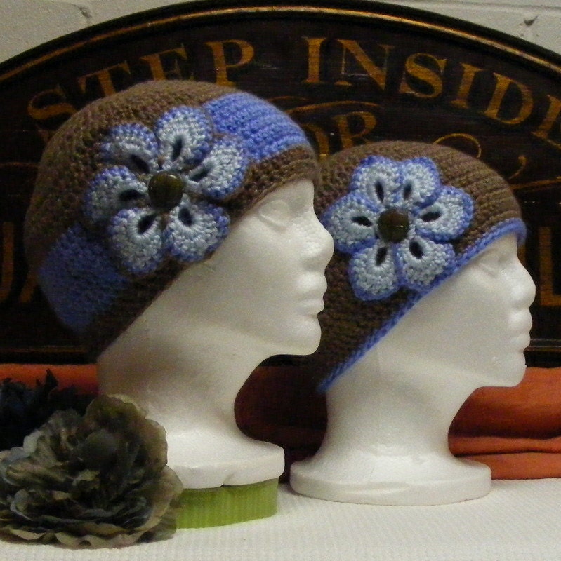 Hand Crocheted Woman's Cloche Hat -Taupe Hat with Blueberry Band and Light Blue flower