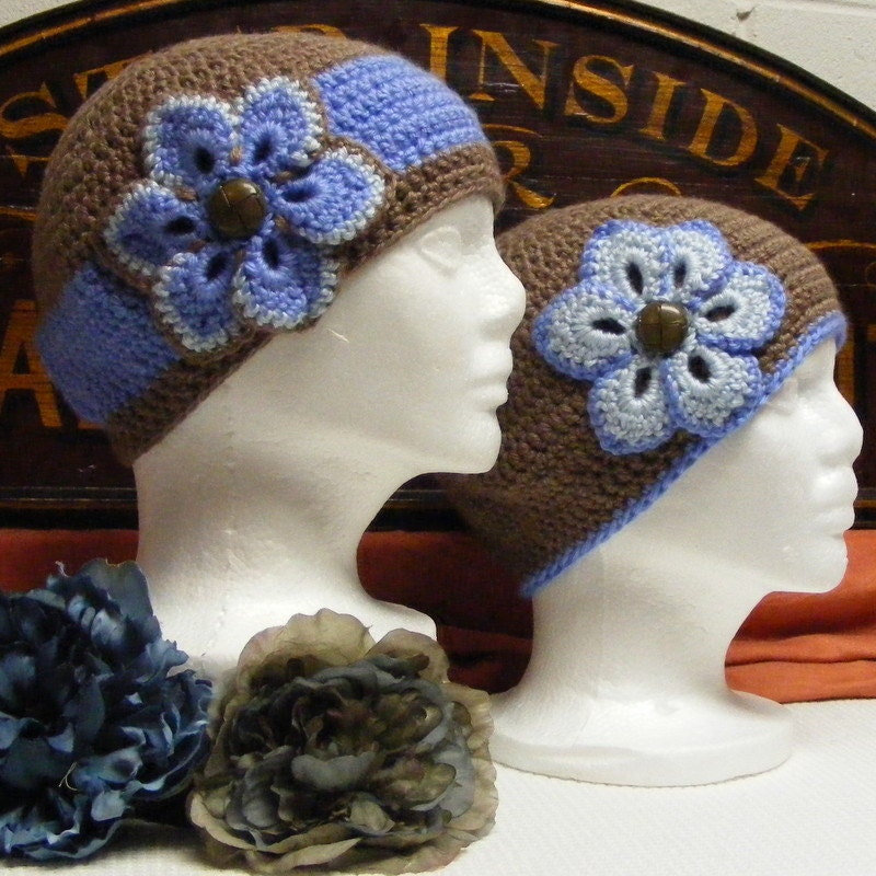 Hand Crocheted Woman's Cloche Hat -Taupe Hat with Blueberry Band and Blue flower